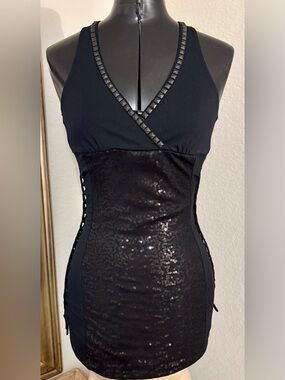 SALVAGE Black Sequin Halter Bodycon Lace-Up Sides Dress. XS/S